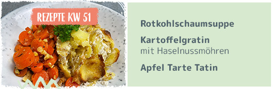 Rezept KW47– Möhren-Sellerie-Puffer, Sherry Dressing , Apfel streusel mit Rahmguss