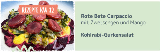 Rezeptkachel KW 32 2023 Rote Bete Carpaccio mit Zwetschgen und Mango Kohlrabi Gurkensalat