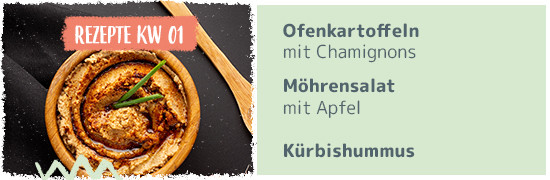 Rezept KW01 Ofenkartoffeln mit Champignions, Möhrensalat mit Äpfel, Kürbishumus