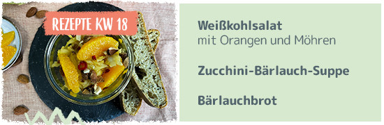 Rezept KW 18 Weißkohlsalat mit orangen und Möhren, Zucchini-Bärlauch-Suppe, Bärlauchbrot